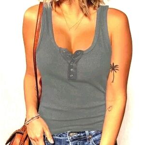 GREY Ribbed Tank Button Snap Accent